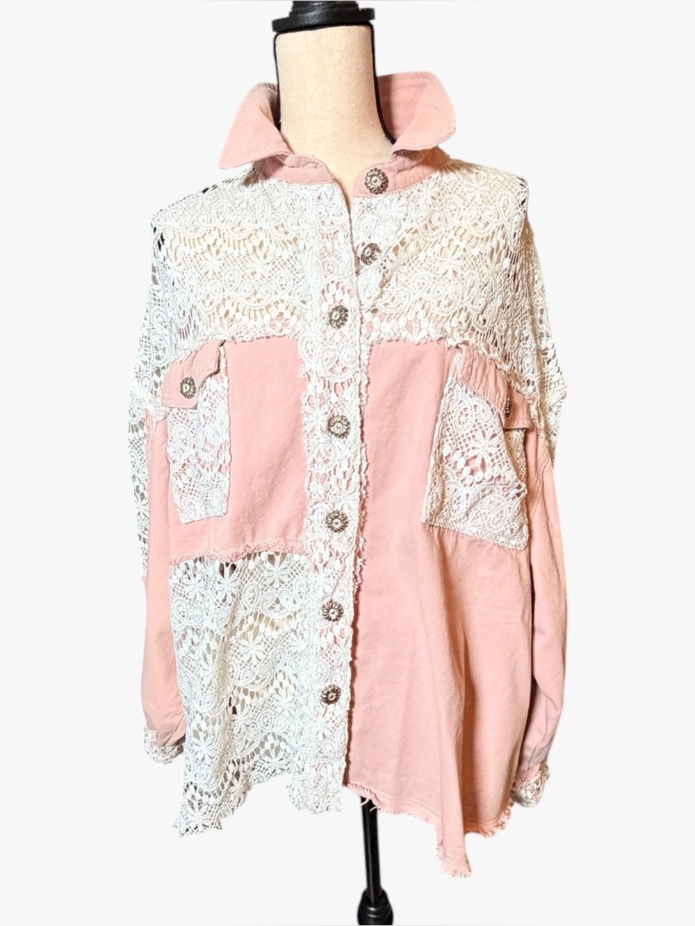 POL Clothing Boho Mixed Lace Patchwork Denim Shacket Pink Size Large - Picture 2 of 12